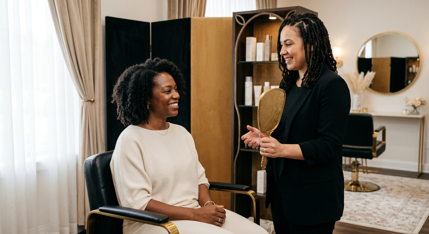 A client talking with a hair-loss specialist in a private consultation suite