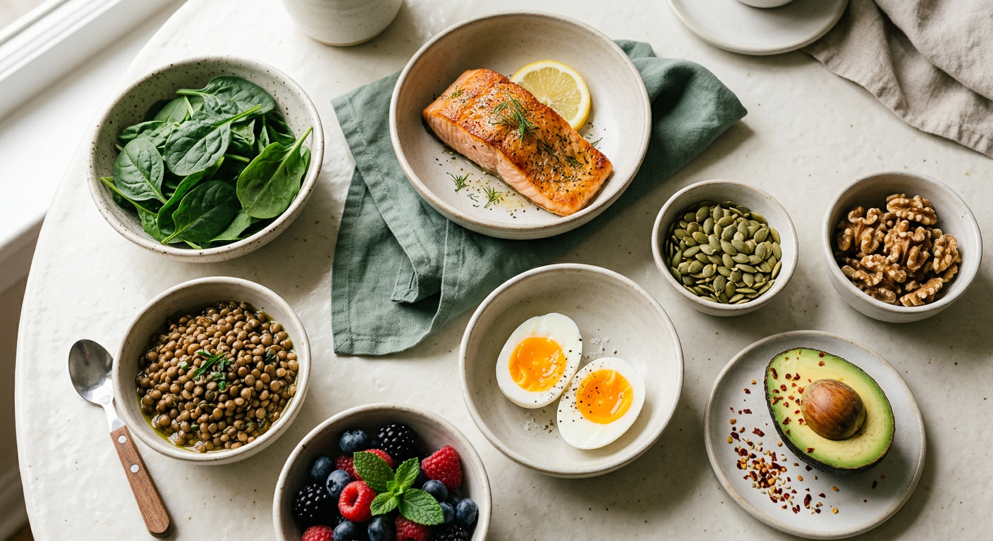 Hair-healthy foods including eggs, salmon, spinach and berries
