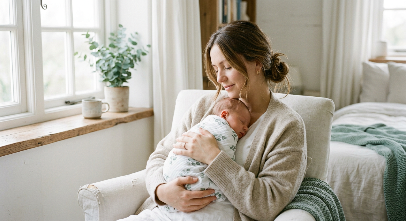 New mother with her baby, managing postpartum hair shedding
