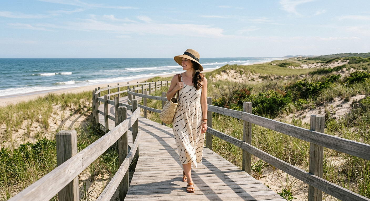 Woman in a sun hat protecting her hair and scalp in summer