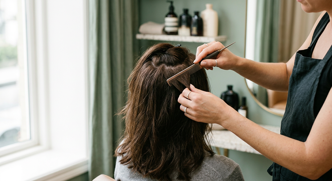 Stylist blending a volumizing hair topper